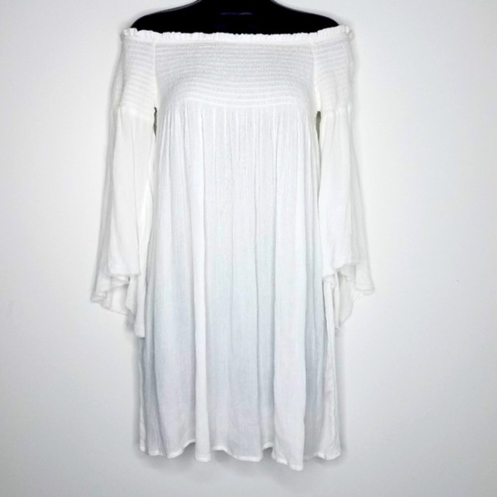 ELAN OFF SHOULDER WHITE GAUZE TUNIC/ MINI DRESS /